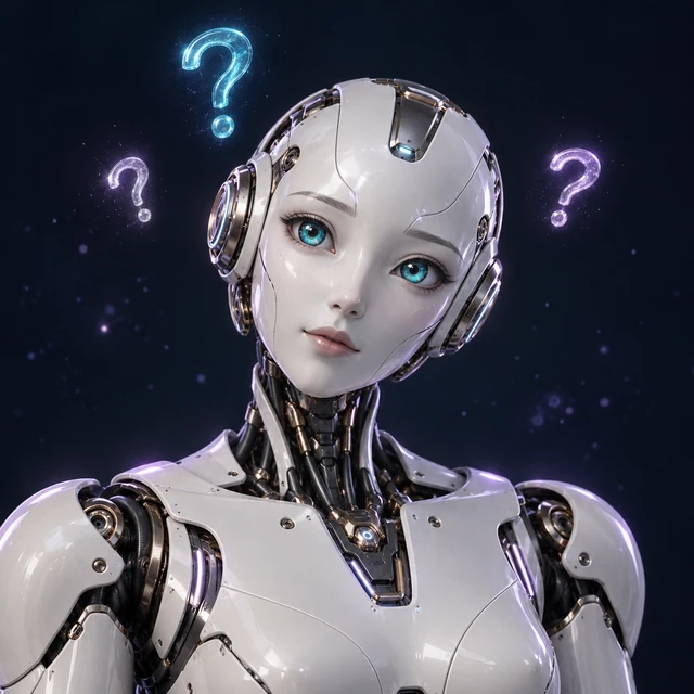 A pearl and titanium Ukiyo robot surrounded by question marks